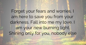 Forget your fears and worries. I am here to save you from your darkness. Fall into me my love. I am your new burning light. Shining only for you, nobody else.