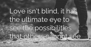 Love isn't blind, it has the ultimate eye to see the possibilities that others cannot see.