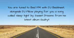 You are tuned to Bed FM with DJ Bedsheet, alongside DJ Pillow playing for you a song called 'sleep tight' by Sweet Dreams from his latest album Gudnyt.