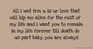 All i wnt frm u is ur love that will kip me alive for the rest of my life and i want you to remain in my life forever till death do us part baby..you are always