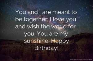 You and I are meant to be together; I love you and wish the world for you.  You are my sunshine, Happy Birthday!