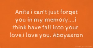 Anita i can't just forqet you in my memory....i think have fall into your love,i love you.                   Aboyaaron