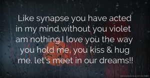 Like synapse you have acted in my mind,without you violet am nothing.I love you the way you hold me, you kiss & hug me. let's meet in our dreams!!