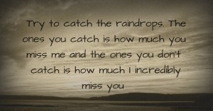 Try to catch the raindrops. The ones you catch is how much you miss me and the ones you don't catch is how much I incredibly miss you.